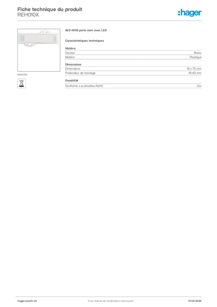 Image Hager Fiche technique du produit REH010X | Hager Suisse