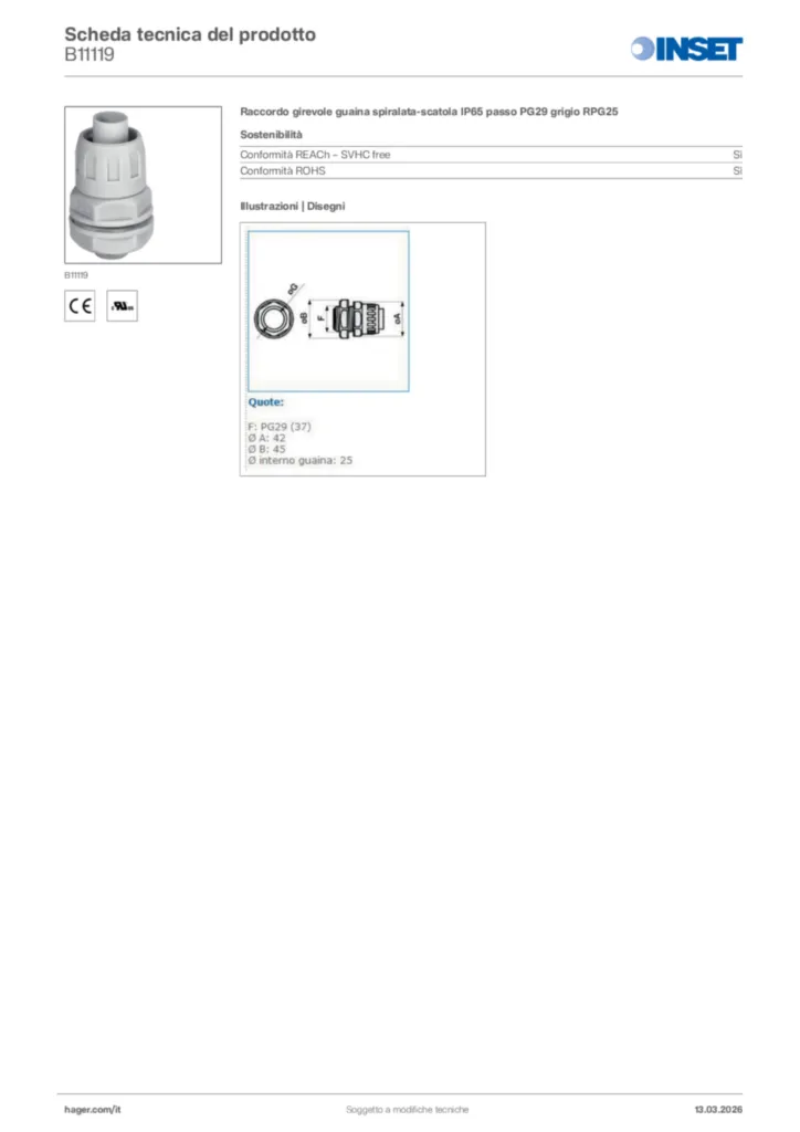 Immagine Inset Scheda tecnica del prodotto B11119 | Hager Italia
