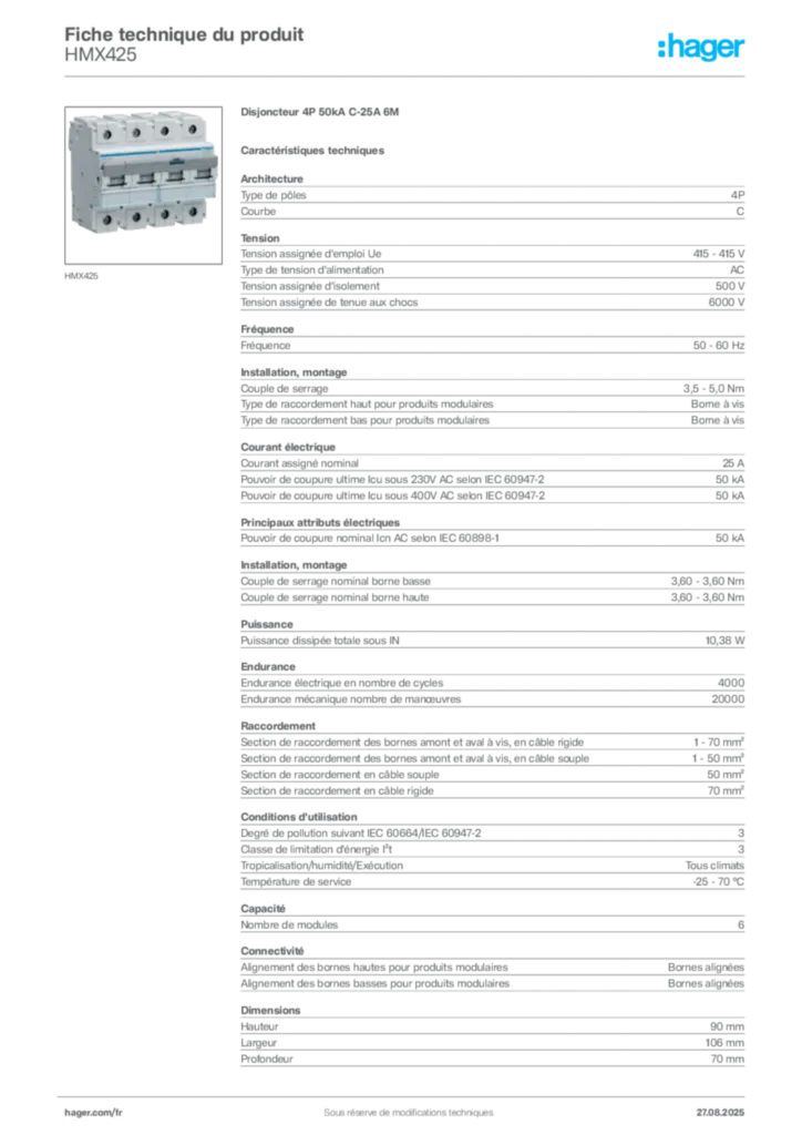 Image Hager Fiche technique du produit HMX425 | Hager France