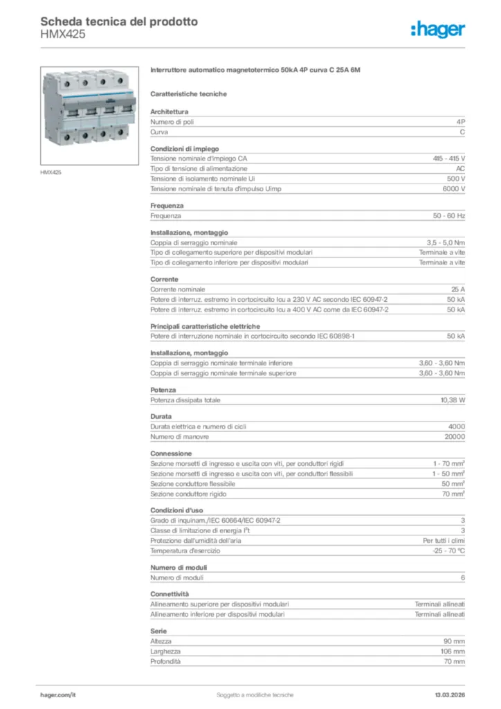 Immagine Hager Scheda tecnica del prodotto HMX425 | Hager Italia