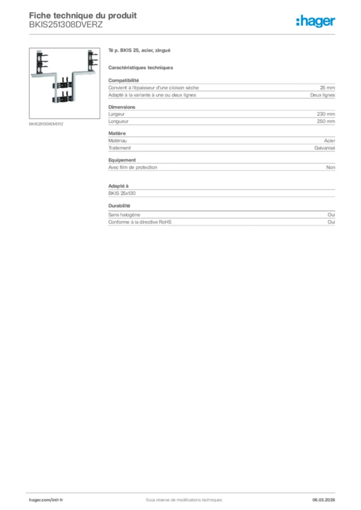 Image Hager Fiche technique du produit BKIS251308DVERZ | Hager Afrique