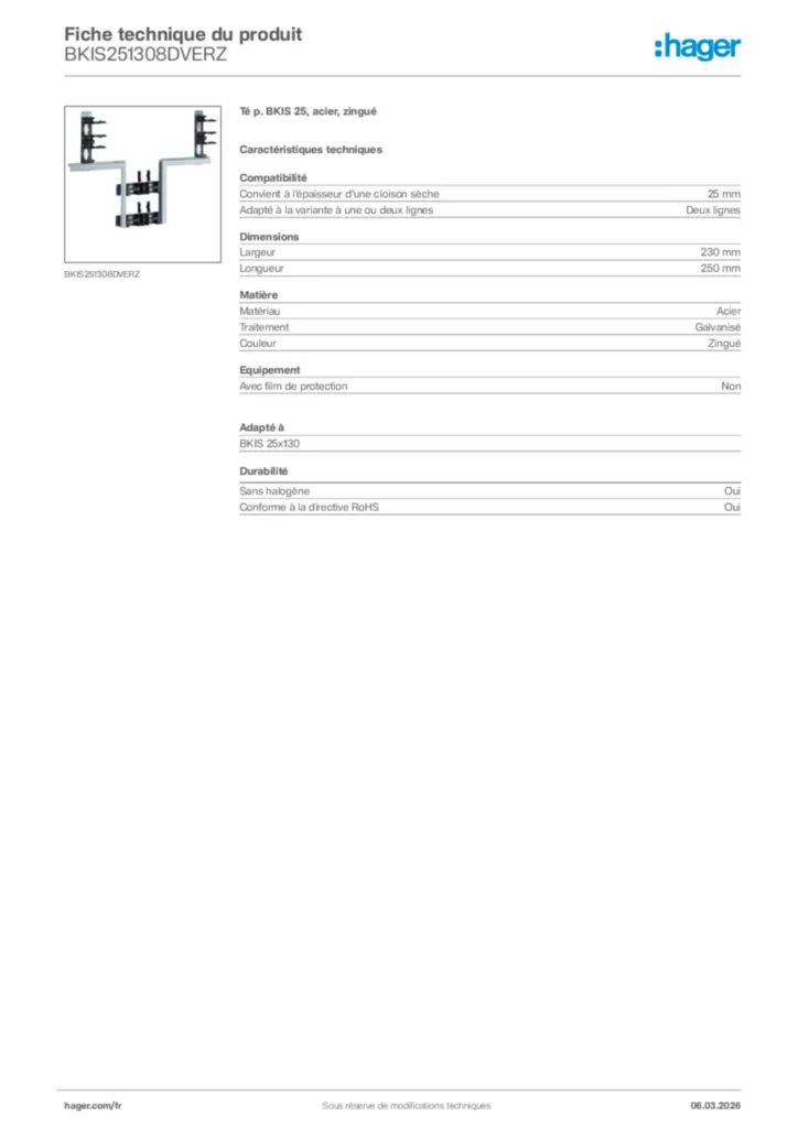 Image Hager Fiche technique du produit BKIS251308DVERZ | Hager France