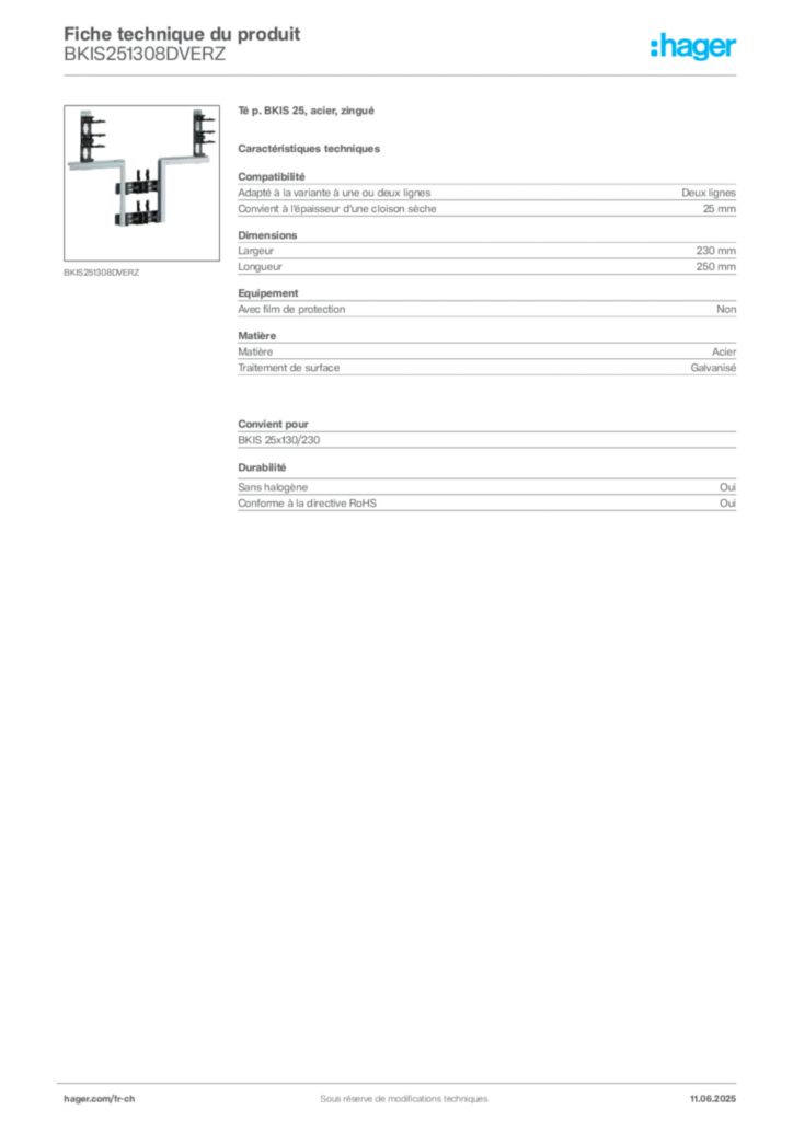 Image Hager Fiche technique du produit BKIS251308DVERZ | Hager Suisse