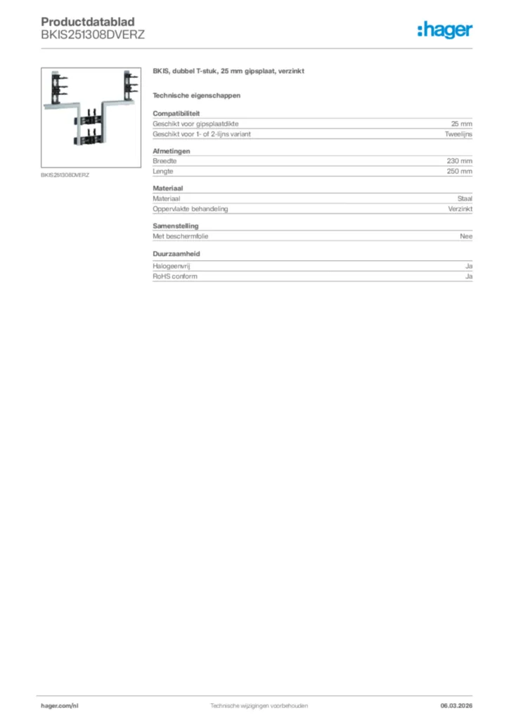 Afbeelding Hager Productdatablad BKIS251308DVERZ | Hager Nederland