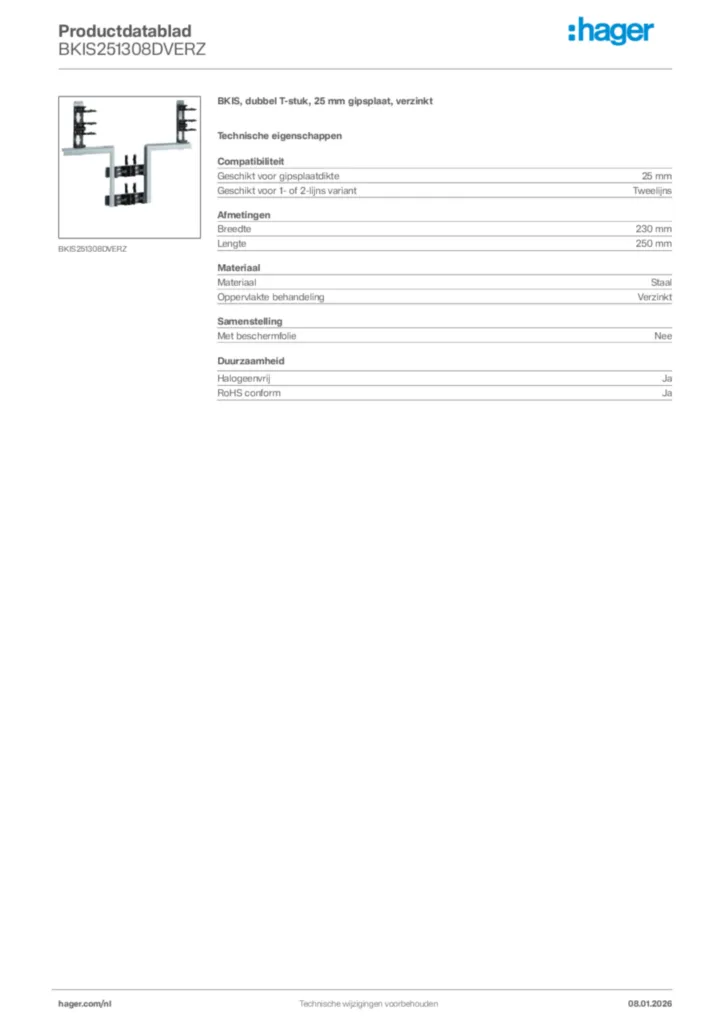 Afbeelding Hager Productdatablad BKIS251308DVERZ | Hager Nederland