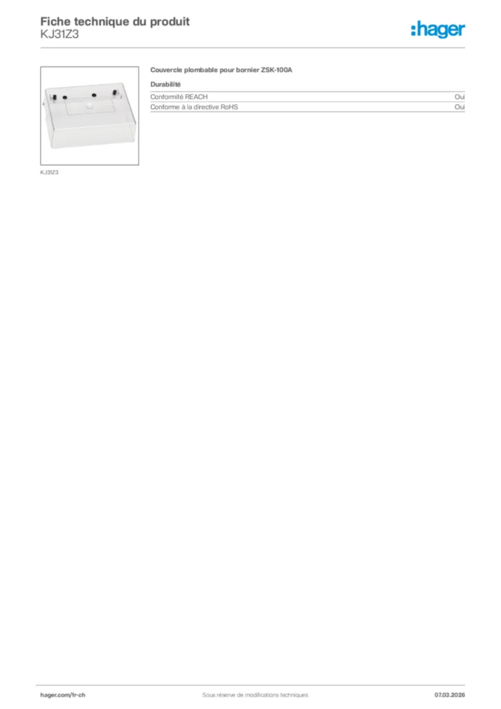 Image Hager Fiche technique du produit KJ31Z3 | Hager Suisse