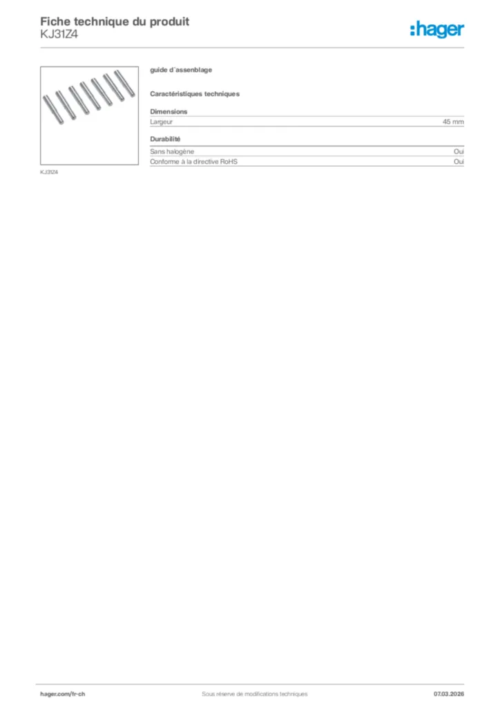 Image Hager Fiche technique du produit KJ31Z4 | Hager Suisse