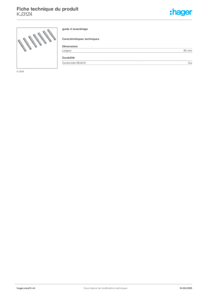Image Hager Fiche technique du produit KJ31Z4 | Hager Suisse