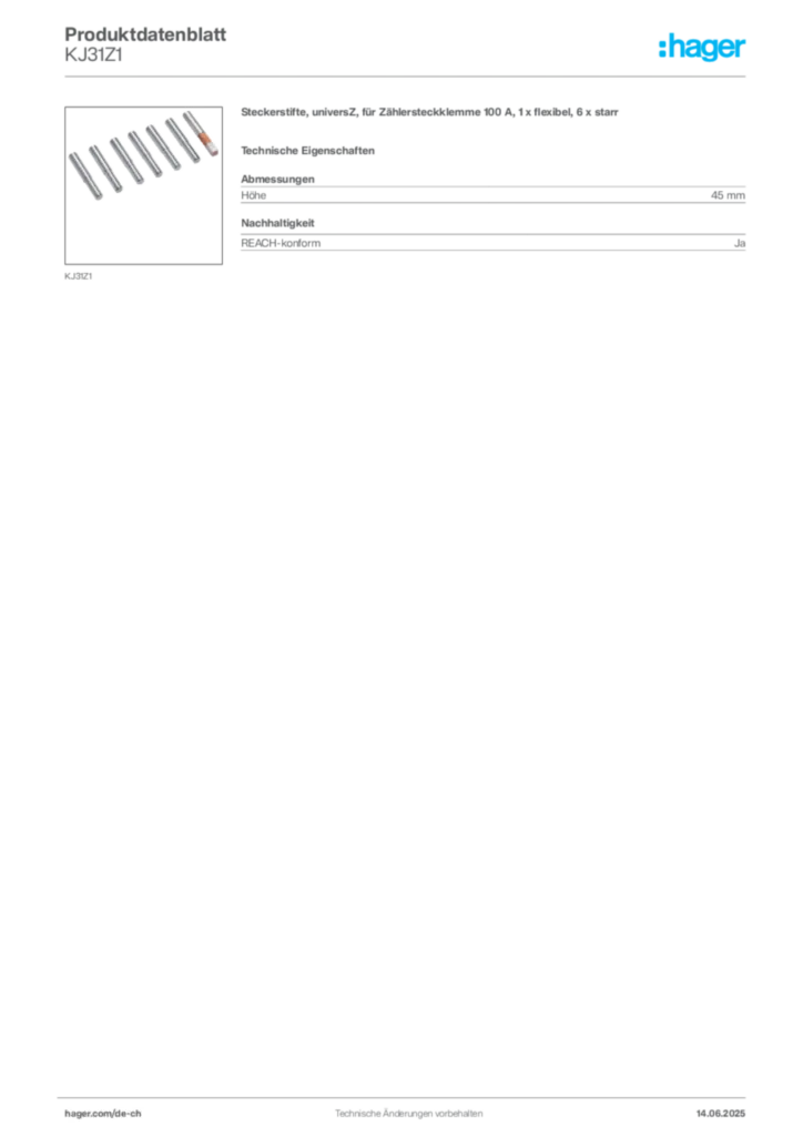 Bild Hager Produktdatenblatt KJ31Z1 | Hager Schweiz