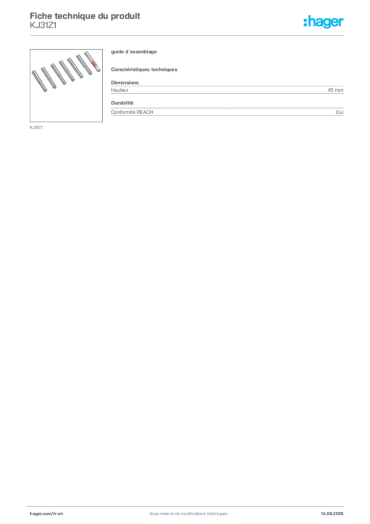 Image Hager Fiche technique du produit KJ31Z1 | Hager Suisse