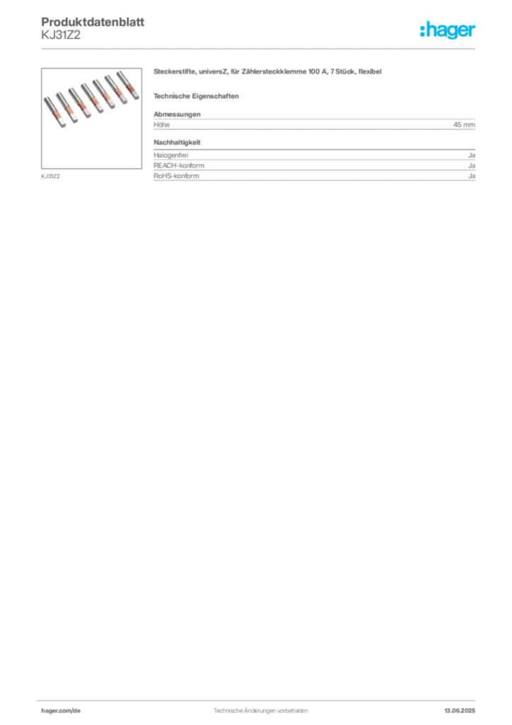 Hager Produktdatenblatt KJ31Z2