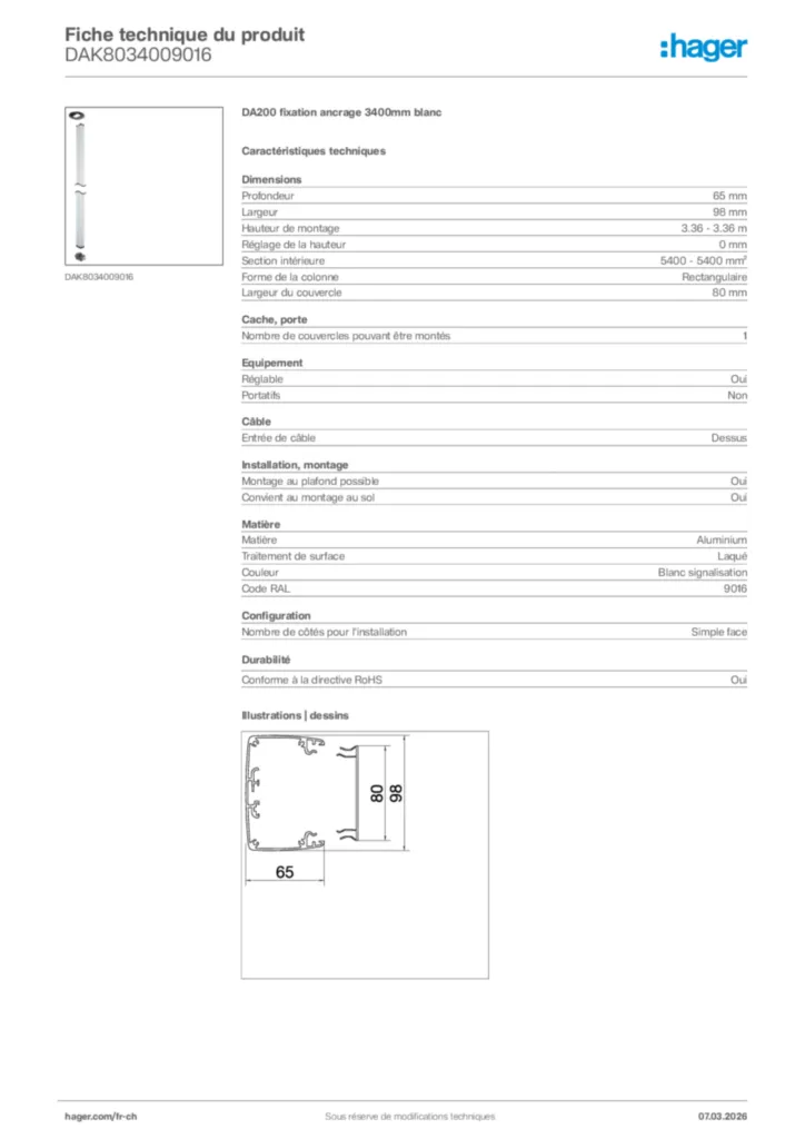 Image Hager Fiche technique du produit DAK8034009016 | Hager Suisse
