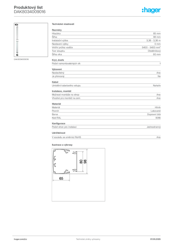 Obrázek Hager Produktový list DAK8034009016 | Hager