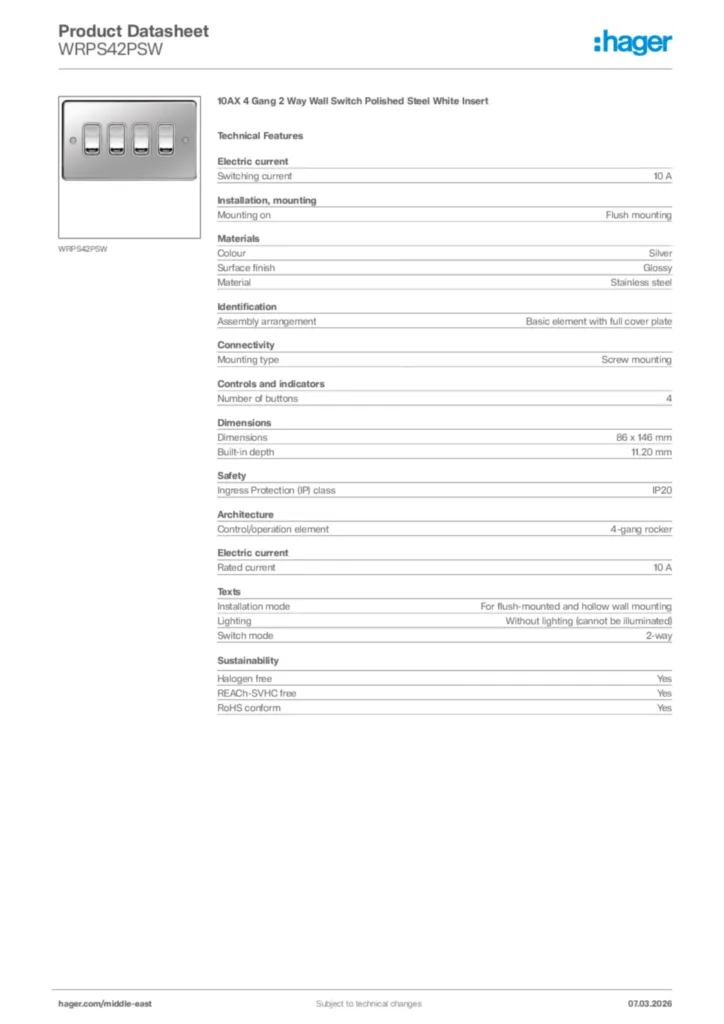 Image Hager Product data sheet WRPS42PSW  | Hager