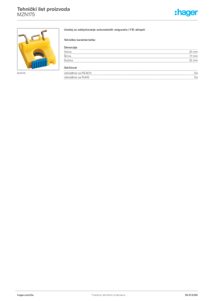 Slika Hager Product data sheet MZN175  | Hager