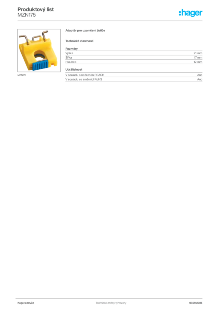 Obrázek Hager Produktový list MZN175 | Hager
