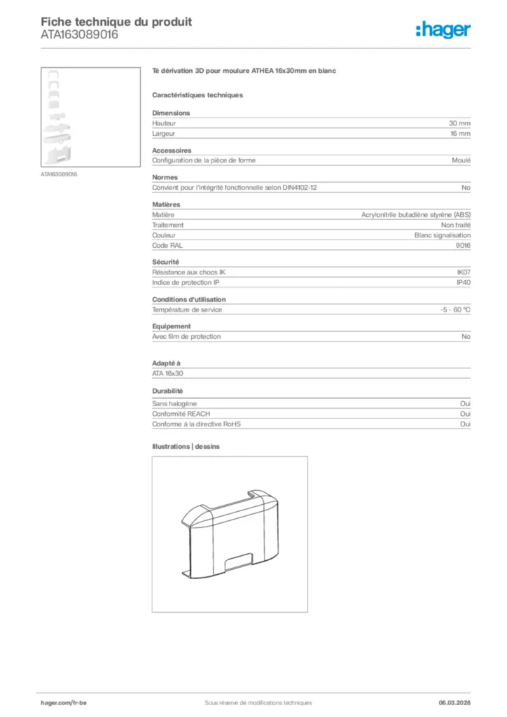 Image Hager Fiche technique du produit ATA163089016 | Hager Belgique