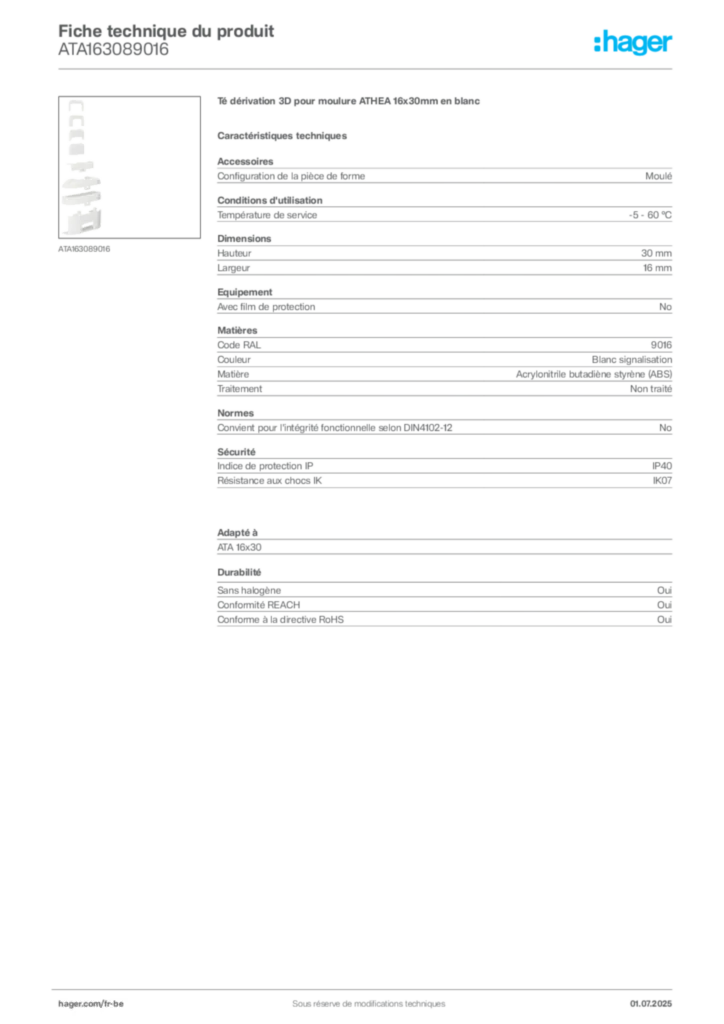 Image Hager Fiche technique du produit ATA163089016 | Hager Belgique