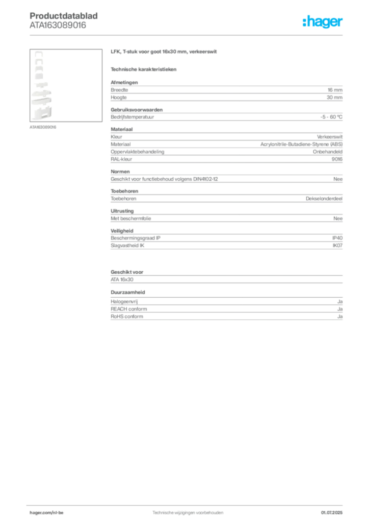Afbeelding Hager Productdatablad ATA163089016 | Hager Belgium