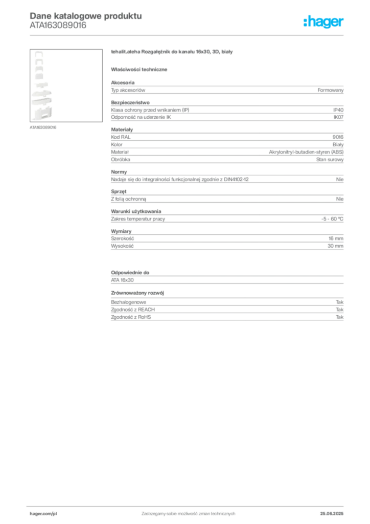 Zdjęcie Hager Karta katalogowa ATA163089016 | Hager Polska