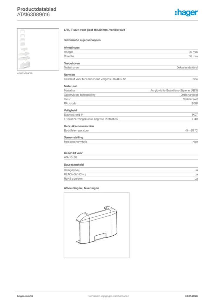 Afbeelding Hager Productdatablad ATA163089016 | Hager Nederland