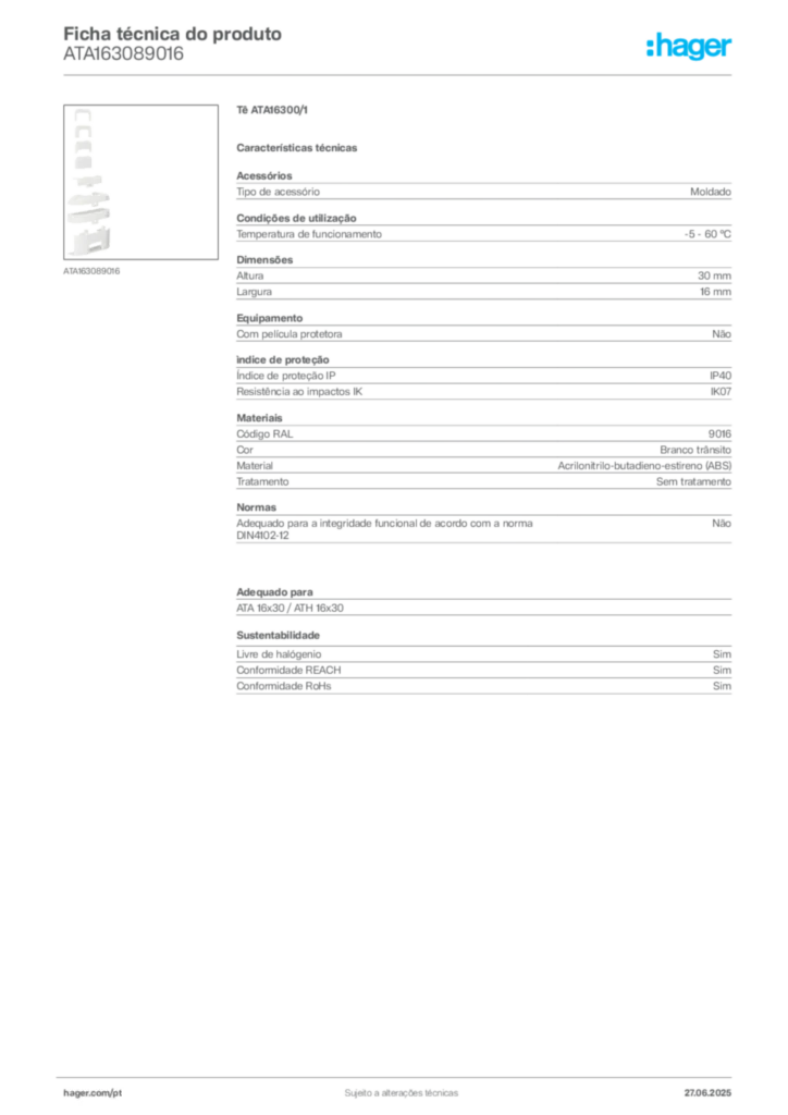 Imagem Hager Ficha técnica do produto ATA163089016 | Hager Portugal