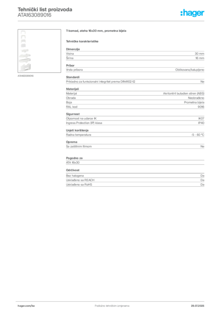 Slika Hager Product data sheet ATA163089016  | Hager