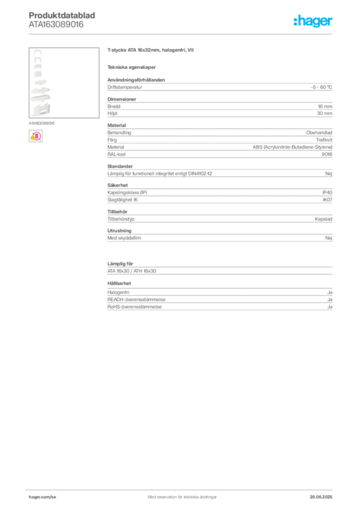 Bild Hager Produktdatablad ATA163089016 | Hager Sverige