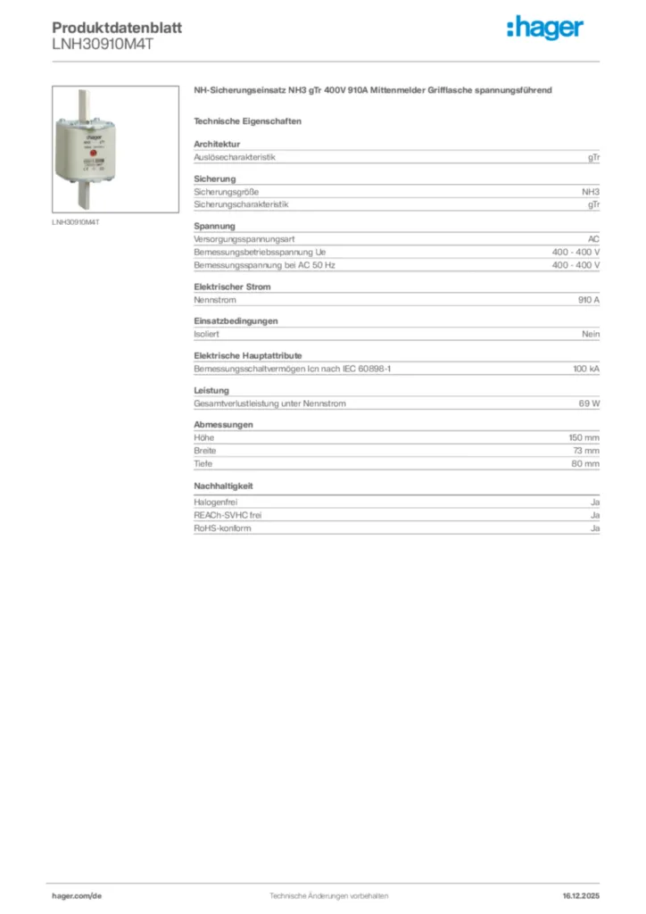 Bild Hager Produktdatenblatt LNH30910M4T | Hager Deutschland