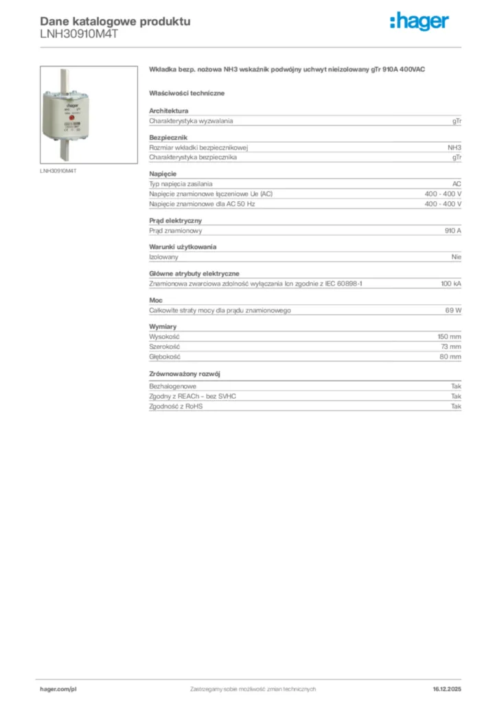 Zdjęcie Hager Karta katalogowa LNH30910M4T | Hager Polska