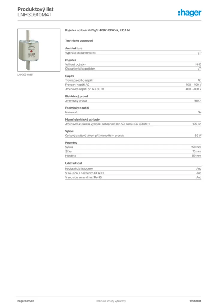 Obrázek Hager Produktový list LNH30910M4T | Hager