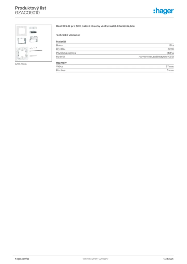 Obrázek Hager Produktový list GZACO9010 | Hager