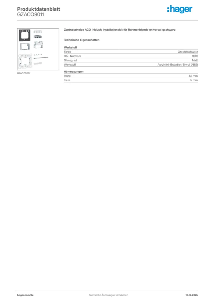 Bild Hager Produktdatenblatt GZACO9011 | Hager Deutschland