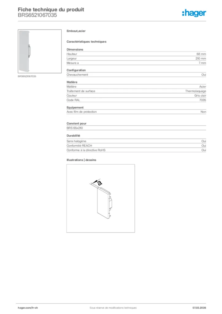 Image Hager Fiche technique du produit BRS6521067035 | Hager Suisse