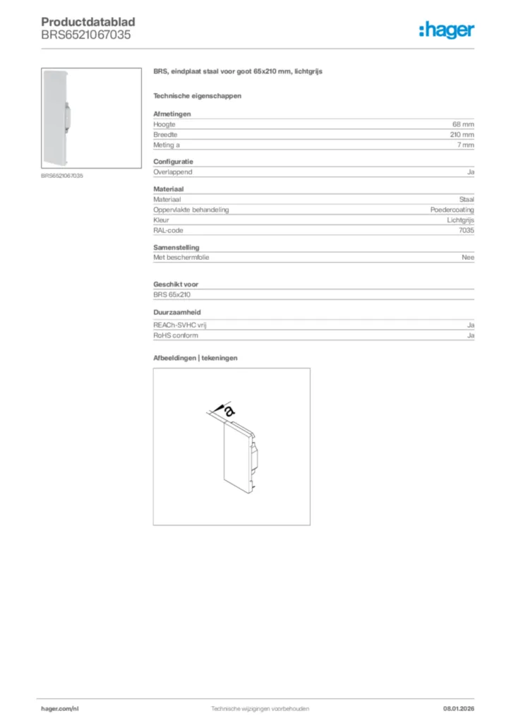 Afbeelding Hager Productdatablad BRS6521067035 | Hager Nederland