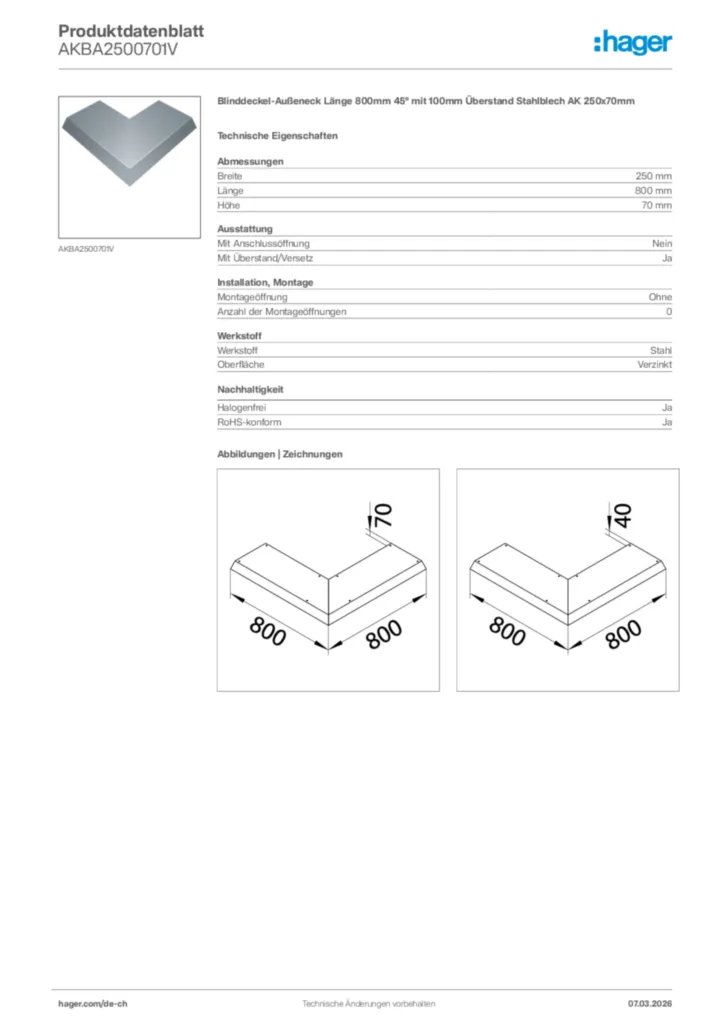Bild Hager Produktdatenblatt AKBA2500701V | Hager Schweiz