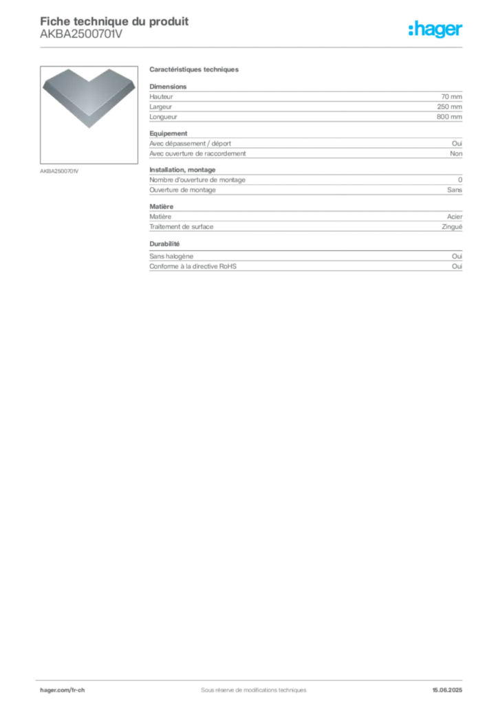 Image Hager Fiche technique du produit AKBA2500701V | Hager Suisse