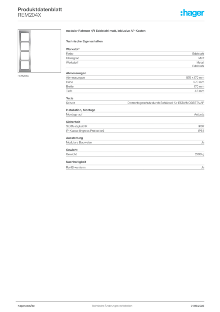 Hager Produktdatenblatt REM204X