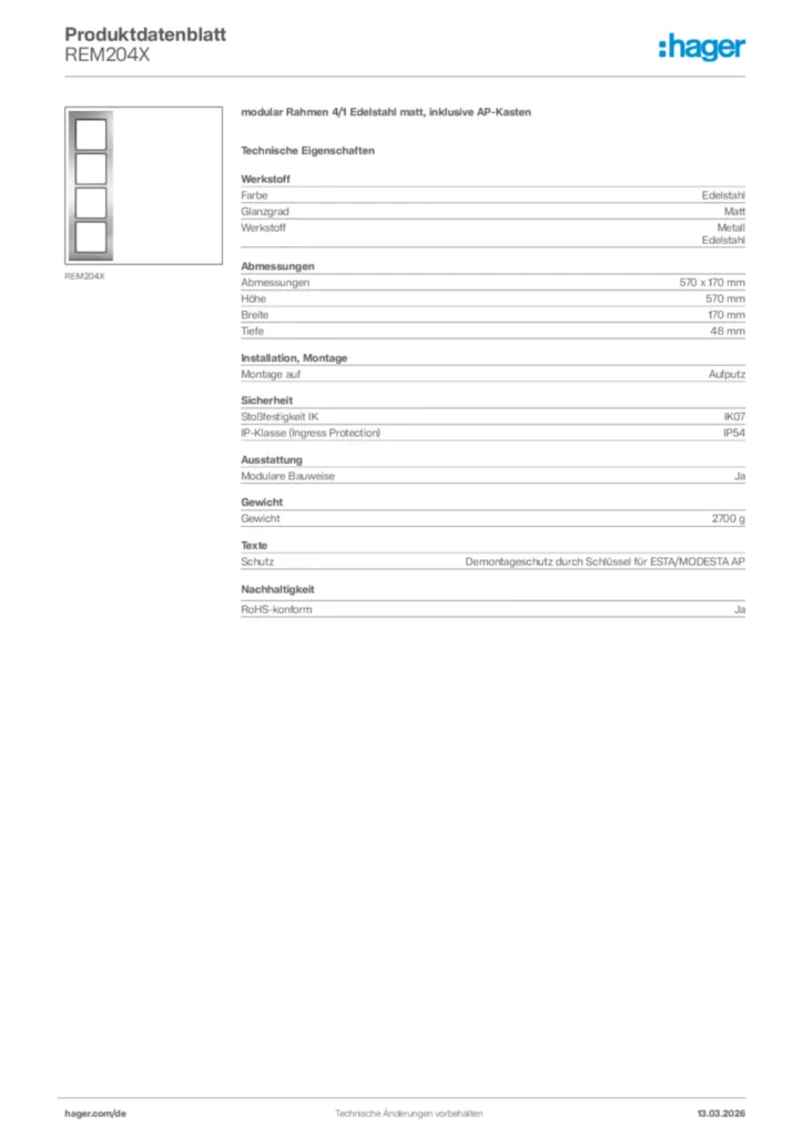 Bild Hager Produktdatenblatt REM204X | Hager Deutschland