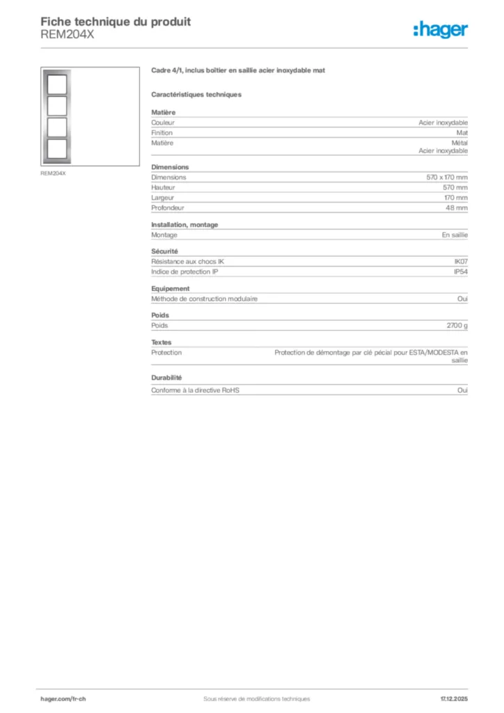 Image Hager Fiche technique du produit REM204X | Hager Suisse
