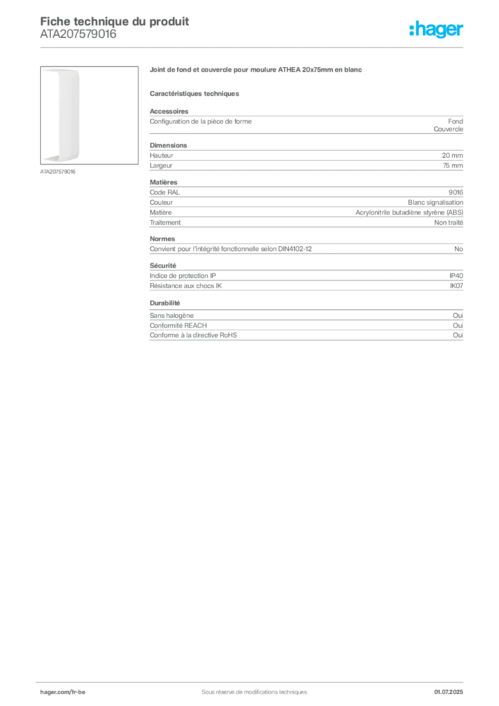 Image Hager Fiche technique du produit ATA207579016 | Hager Belgique