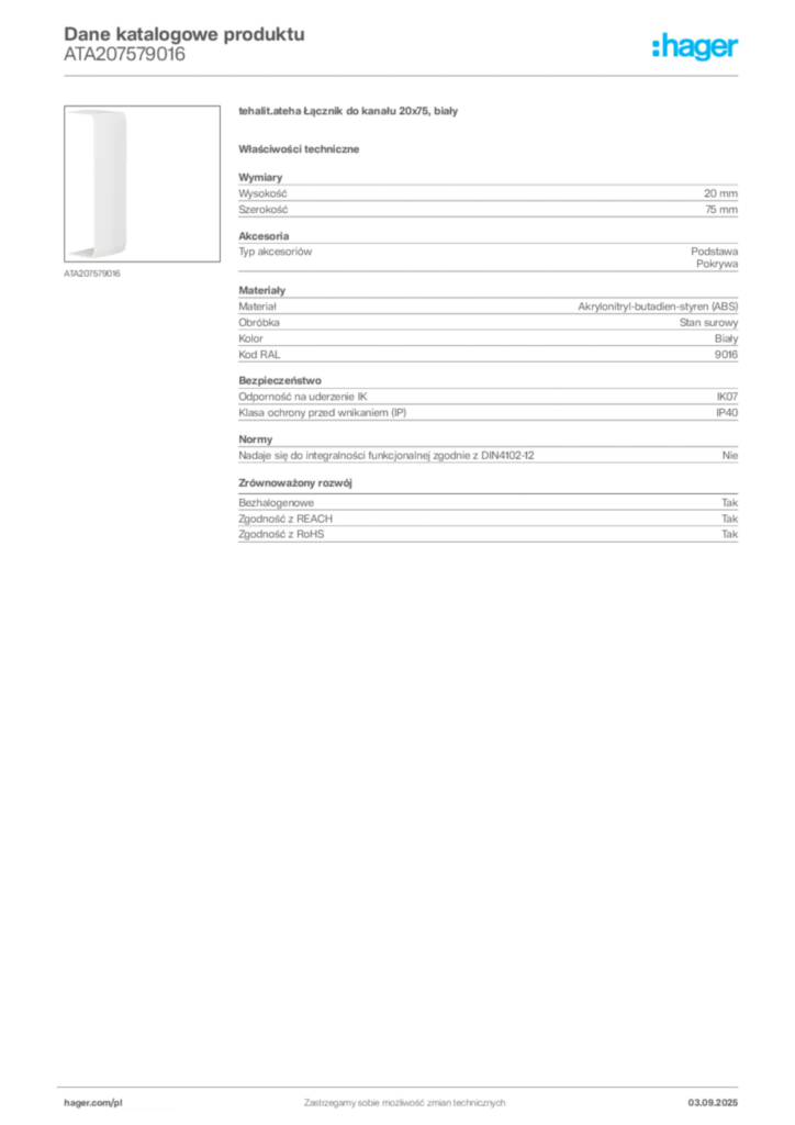Zdjęcie Hager Karta katalogowa ATA207579016 | Hager Polska