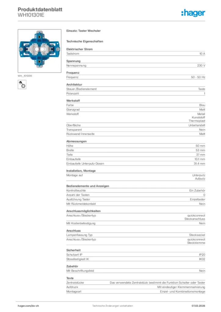 Bild Hager Produktdatenblatt WH101301E | Hager Schweiz