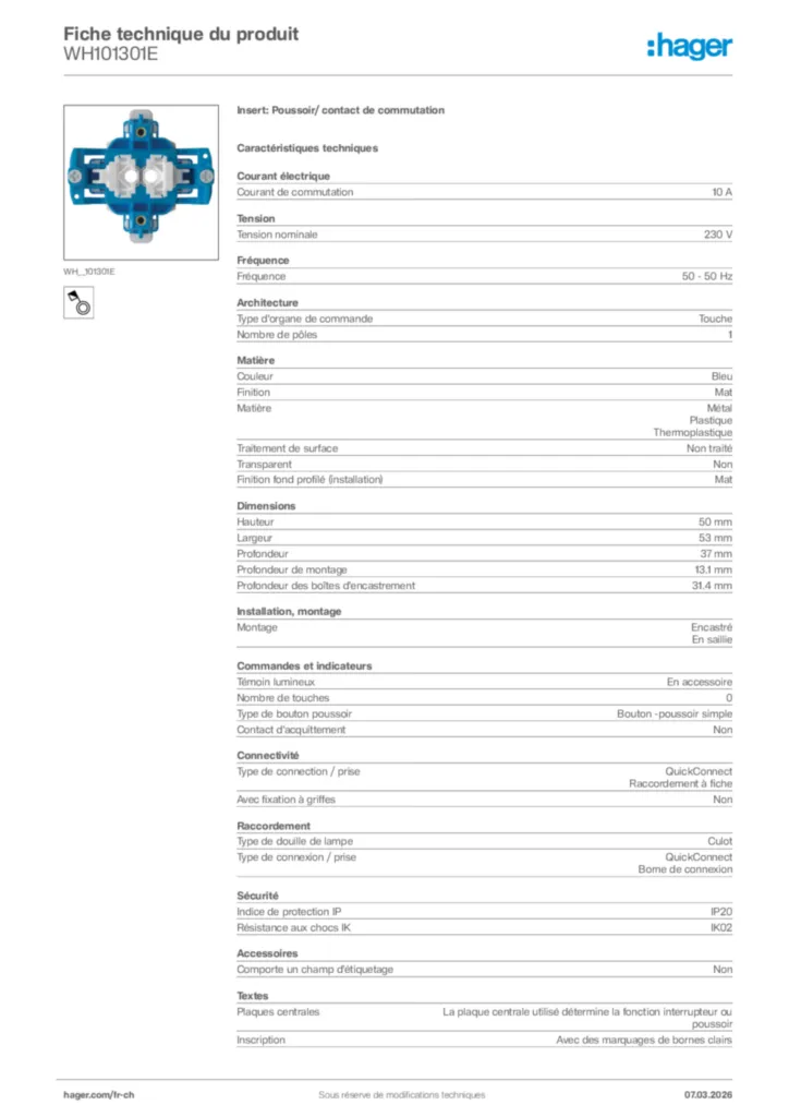 Image Hager Fiche technique du produit WH101301E | Hager Suisse