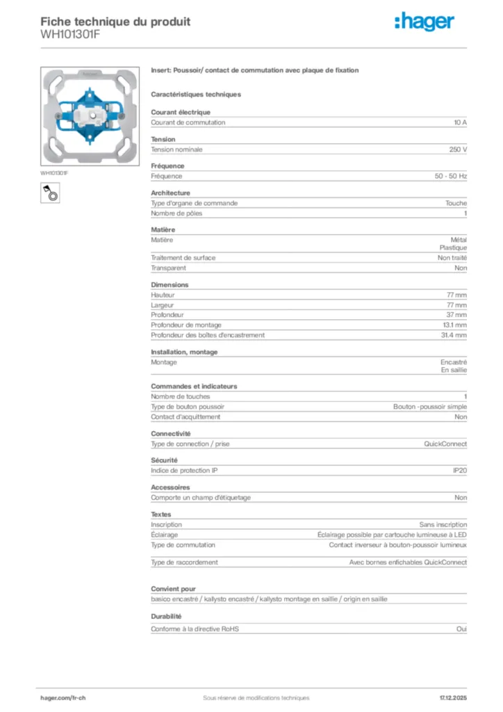 Image Hager Fiche technique du produit WH101301F | Hager Suisse