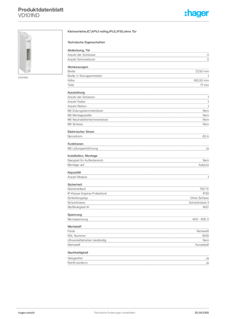 Bild Hager Produktdatenblatt VD101ND | Hager Deutschland
