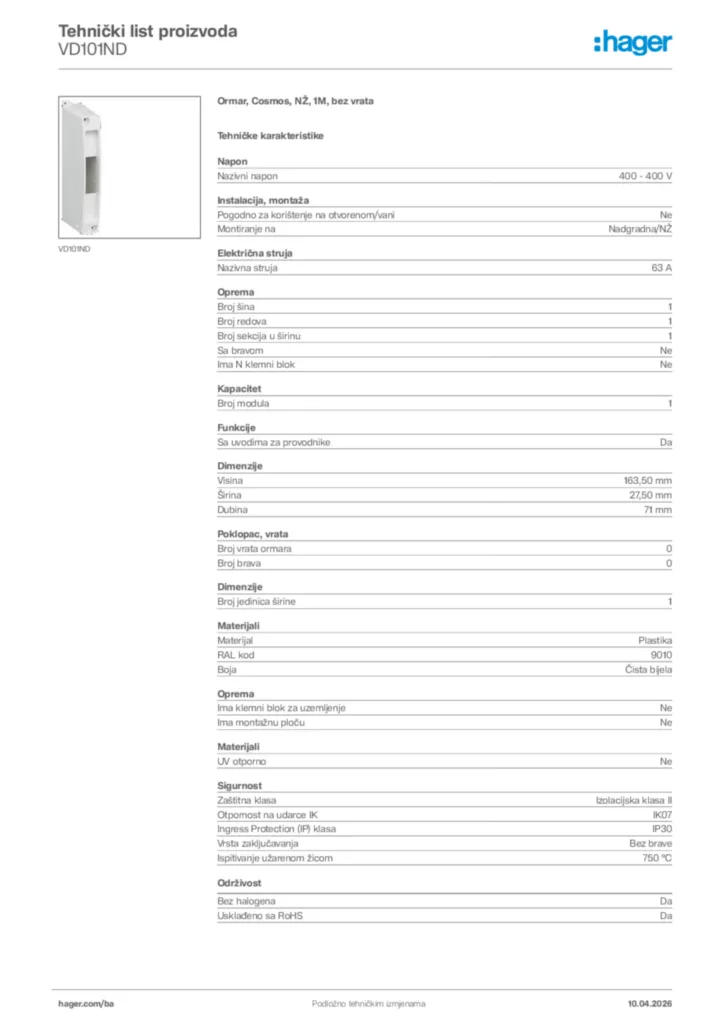 Slika Hager Tehnički list proizvoda VD101ND  | Hager