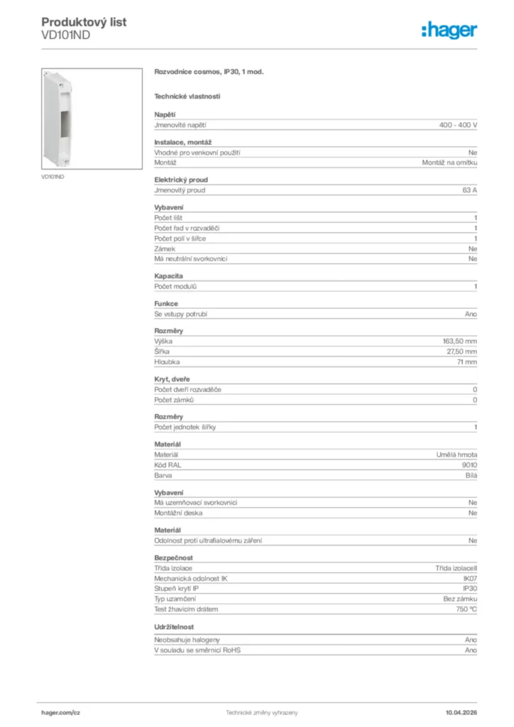Obrázek Hager Product data sheet VD101ND | Hager