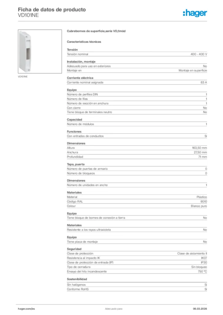 Imagen Hager Ficha de datos de producto VD101NE | Hager España