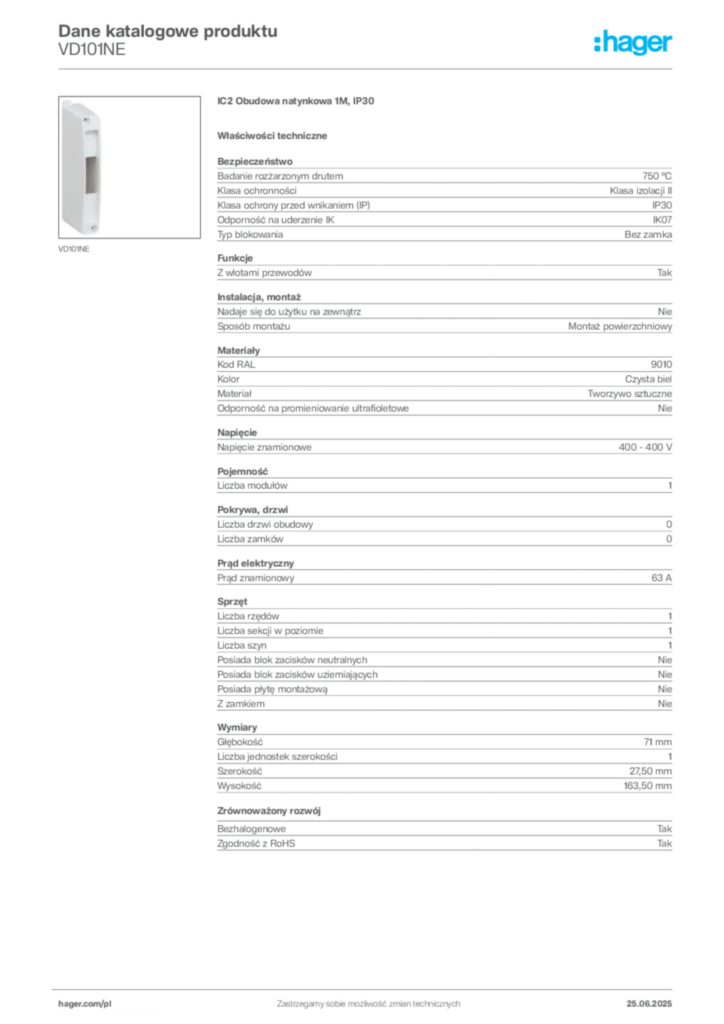 Zdjęcie Hager Karta katalogowa VD101NE | Hager Polska